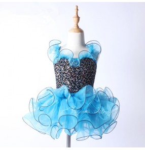 Turquoise sky blue sequined strap girls kid children competition performance professional tutu skirt ballet dance outfits costumes
